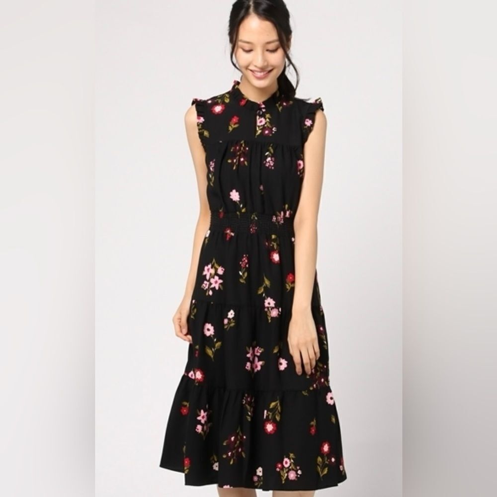 Kate Spade L Ma Cherie In Bloom Black Floral Smocked Waist Tiered A Line Dress